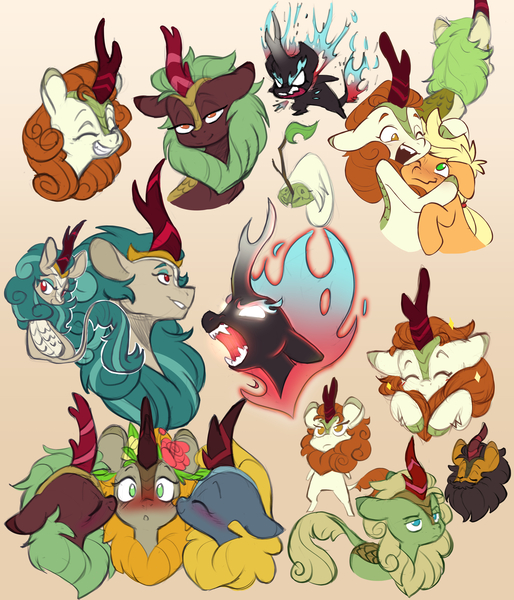 Size: 4561x5328 | Tagged: safe, artist:chub-wub, derpibooru import, applejack, autumn blaze, cinder glow, rain shine, summer flare, earth pony, kirin, nirik, pony, angry, autumnjack, awwtumn blaze, blushing, chibi, cute, eyes closed, fangs, female, fire, grin, image, jpeg, kiss on the cheek, kiss sandwich, kissing, lesbian, mare, open mouth, shipping, smiling