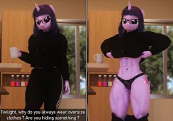 Size: 6050x4200 | Tagged: suggestive, artist:dashie116, derpibooru import, twilight sparkle, anthro, 3d, abs, alternate hairstyle, clothes, daz studio, dialogue, female, glasses, grin, hoodie, image, looking at you, muscles, muscular female, panties, pants, png, revealing, smiling, text, twilight muscle, underwear