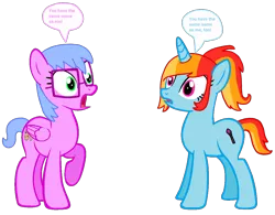 Size: 1222x953 | Tagged: safe, artist:pagiepoppie12345, derpibooru import, oc, oc:artie brush, unofficial characters only, pegasus, pony, unicorn, dialogue, female, glasses, image, looking at each other, looking at someone, mare, paint, paintbrush, png, raised hoof, shocked, simple background, speech bubble, text, transparent background, wings