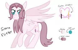 Size: 874x566 | Tagged: safe, artist:sirena-flitter, derpibooru import, oc, oc:sirena flitter, unofficial characters only, pegasus, pony, female, heart, image, looking at you, mare, paintbrush, pencil, png, reference sheet, simple background, solo, text, white background, wings