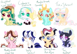 Size: 1024x716 | Tagged: safe, artist:dusty-nutz, derpibooru import, oc, unofficial characters only, alicorn, earth pony, pegasus, pony, unicorn, baby, baby pony, base used, bowtie, colt, female, filly, foal, glasses, hat, headdress, heterochromia, image, magical gay spawn, magical lesbian spawn, male, offspring, parent:cheerilee, parent:flash magnus, parent:hoo'far, parent:meadowbrook, parent:mistmane, parent:princess cadance, parent:princess celestia, parent:rockhoof, parent:shining armor, parent:somnambula, parent:star swirl the bearded, parent:timber spruce, parent:twilight sparkle, png, simple background, transparent background
