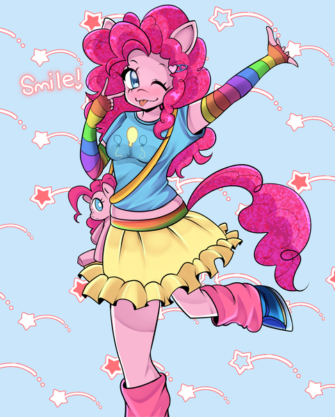 Size: 1862x2317 | Tagged: safe, artist:lucystormdrop, derpibooru import, pinkie pie, anthro, earth pony, blue background, clothes, colorful, cute, derpibooru exclusive, fashion, gloves, hoof shoes, image, leg warmers, long gloves, pink, pink mane, pink skin, png, rainbow, raised hoof, shirt, simple background, skirt, solo, sparkles, stars, t-shirt
