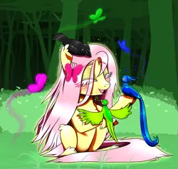Size: 1461x1389 | Tagged: safe, artist:questionmarkdragon, derpibooru import, fluttershy, bird, butterfly, insect, pegasus, pony, eyes closed, female, forest, image, mare, open mouth, open smile, png, smiling, solo, tree