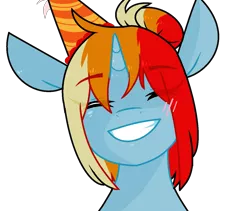 Size: 1268x1072 | Tagged: safe, artist:sirena-flitter, derpibooru import, oc, oc:artie brush, unofficial characters only, pony, unicorn, birthday, blushing, eyes closed, female, hat, horn, image, mare, multicolored hair, party hat, png, rainbow hair, simple background, smiling, transparent background