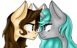 Size: 1285x800 | Tagged: safe, artist:vivieart, derpibooru import, oc, oc:martee, oc:viv, unofficial characters only, pony, unicorn, female, heart, horn, image, looking at each other, looking at someone, mare, png, simple background, transparent background