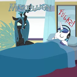 Size: 2000x2000 | Tagged: safe, artist:grapefruit-face, derpibooru import, screencap, queen chrysalis, shining armor, ponified, pony, album cover, bed, canterlot wedding 10th anniversary, duo, image, marillion, parody, png, ponified album cover, sleeping, spread wings, wings