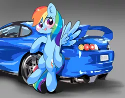 Size: 3312x2613 | Tagged: safe, artist:leo19969525, derpibooru import, rainbow dash, pegasus, pony, blushing, car, cutie mark, female, flying, hair, image, jpeg, multicolored hair, open mouth, rainbow hair, rainbow tail, simple background, solo, spread wings, tail, toyota, toyota supra, wings