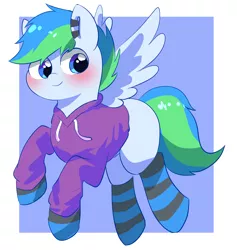 Size: 2507x2646 | Tagged: safe, artist:leo19969525, derpibooru import, oc, unofficial characters only, pegasus, pony, blue eyes, blushing, clothes, flying, hair, image, jpeg, male, pegasus oc, simple background, smiling, socks, solo, spread wings, tail, wings