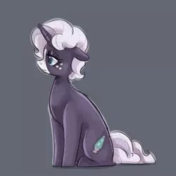 Size: 768x768 | Tagged: safe, artist:smirk, derpibooru import, oc, oc:lullaby, unofficial characters only, unicorn, floppy ears, freckles, full body, gray background, horn, image, jpeg, lidded eyes, simple background, sitting, solo, unicorn oc