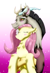 Size: 2221x3251 | Tagged: safe, artist:thebenalpha, derpibooru import, discord, fluttershy, draconequus, pegasus, blushing, chest fluff, discoshy, ear fluff, eyes closed, female, image, male, png, shipping, simple background, straight, transparent background