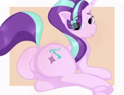 Size: 2048x1571 | Tagged: safe, artist:twa1kaart, derpibooru import, starlight glimmer, pony, unicorn, bedroom eyes, butt, dock, eye clipping through hair, featureless crotch, female, frog (hoof), glimmer glutes, image, looking at you, looking back, looking back at you, lying down, mare, plot, png, prone, smiling, smiling at you, solo, tail, underhoof