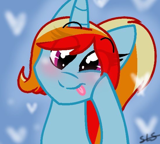 Size: 550x496 | Tagged: safe, artist:sirena-flitter, derpibooru import, oc, oc:artie brush, unofficial characters only, pony, unicorn, blushing, female, heart, heart background, horn, image, mare, multicolored hair, png, ponytail, rainbow hair, smiling, tongue out