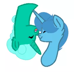 Size: 352x343 | Tagged: safe, artist:decokelow, artist:miss-dumpass, derpibooru import, glitter drops, spring rain, pony, unicorn, boop, eyes closed, female, image, lesbian, mare, nose to nose, noseboop, nuzzling, png, shipping, simple background, upside down, white background