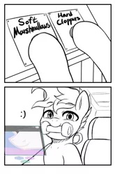 Size: 1200x1816 | Tagged: safe, artist:maren, derpibooru import, oc, oc:blue chewings, earth pony, pony, 2 panel comic, chew toy, comic, female, grayscale, hooves debate, image, jpeg, mare, meme, monochrome, mouth hold, ponified meme, solo