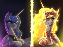 Size: 2856x2128 | Tagged: safe, artist:opal_radiance, derpibooru import, daybreaker, princess celestia, princess luna, alicorn, pony, equestria at war mod, eaw, image, pax solaris, png, talking