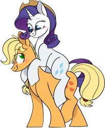 Size: 1352x1649 | Tagged: safe, artist:wolpertinger, derpibooru import, applejack, rarity, earth pony, pony, unicorn, accessory swap, applejack's hat, blushing, cowboy hat, female, hat, image, lesbian, looking at each other, looking at someone, png, ponies riding ponies, rarijack, riding, shipping, smiling, smiling at each other