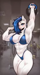 Size: 3806x7163 | Tagged: suggestive, artist:cextraboy, derpibooru import, oc, oc:daria quanto, anthro, pony, 3d, abs, biceps, bikini, clothes, female, flexing, image, looking at you, mare, muscles, muscular female, png, sweat, swimsuit, vein, vein bulge, weight, weight lifting, weights