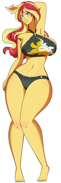 Size: 1387x4096 | Tagged: suggestive, artist:mikotonui, derpibooru import, sunset shimmer, equestria girls, beautisexy, belly button, big breasts, bikini, bikini bottom, bikini top, breasts, busty sunset shimmer, clothes, cutie mark, cutie mark on clothes, female, huge breasts, image, jpeg, legs, looking at you, pinup, pose, smiling, smiling at you, solo, solo female, stupid sexy sunset shimmer, sunset shimmer's beach shorts swimsuit, swimsuit, thick, thighs, wide hips