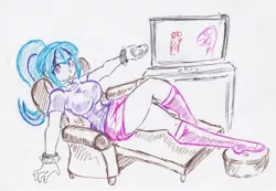 Size: 2863x1979 | Tagged: safe, artist:elgatosabio, derpibooru import, sonata dusk, equestria girls, armchair, breasts, busty sonata dusk, female, high res, image, jpeg, partial color, remote, sitting, solo, television, traditional art