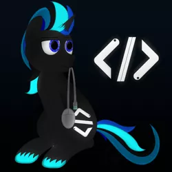 Size: 2000x2000 | Tagged: safe, artist:mrkm, derpibooru import, oc, oc:source code, unofficial characters only, pony, unicorn, black background, black fur, blue eyes, computer mouse, cutie mark, derpibooru exclusive, glow, glowing cutie mark, glowing eyes, glowing hooves, glowing mane, glowing tail, horn, image, male, mouth hold, png, simple background, sitting, stallion, tail