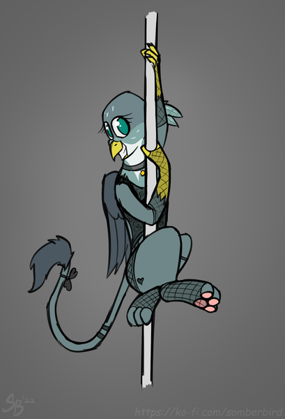 Size: 1354x1986 | Tagged: suggestive, artist:somber, derpibooru import, gabby, gryphon, clothes, corset, female, fishnets, image, png, pole dancing, solo, stripper pole