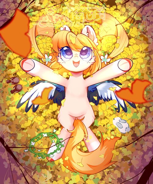 Size: 2500x3000 | Tagged: safe, artist:sakneko2, derpibooru import, oc, unofficial characters only, bird, pegasus, pony, rabbit, animal, autumn, blue eyes, cheek fluff, coat markings, colored eartips, colored hooves, ear fluff, female, forest, freckles, happy, image, jpeg, leaves, looking up, lying down, mare, on back, open mouth, pegasus oc, socks (coat marking), solo, spread arms, spread wings, tree, underhoof, white rabbit, wings