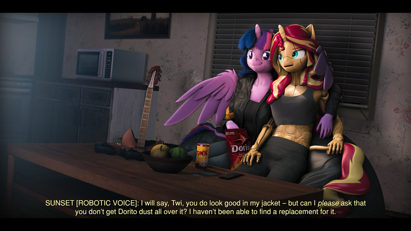 Size: 9600x5400 | Tagged: safe, artist:imafutureguitarhero, derpibooru import, sci-twi, sunset shimmer, twilight sparkle, twilight sparkle (alicorn), alicorn, anthro, classical unicorn, robot, robot pony, unicorn, 3d, absurd file size, absurd resolution, amplifier, aperture, aperture iris, arm on shoulder, beanbag, beanbag chair, black bars, blinds, c:, cargo pants, cheek fluff, chest fluff, chest freckles, chips, chromatic aberration, clothes, cloven hooves, coffee table, colored eyebrows, colored eyelashes, controller, dialogue, doritos, drink, duo, ear fluff, ear freckles, electric guitar, female, film grain, fluffy, fluffy mane, food, freckles, fruit, fruit bowl, fur, glow, glowing eyes, guitar, horn, hug, image, ipod, jacket, jeans, jpeg, kitchen, leather jacket, leonine tail, lesbian, long hair, long mane, long nails, looking at someone, looking at something, microwave, missing accessory, multicolored hair, multicolored mane, musical instrument, no glasses, open mouth, painting, paintover, pants, peppered bacon, remote, revamped anthros, revamped ponies, roboticization, scitwilicorn, scitwishimmer, shimmerbot, shipping, shirt, short shirt, signature, sitting, smiling, soda, source filmmaker, story included, stove, subtitles, sunsetsparkle, table, tail, tail fluff, tanktop, text, unshorn fetlocks, vulgar description, wall of tags, winghug, wings, xbox 360 controller