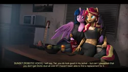 Size: 9600x5400 | Tagged: safe, artist:imafutureguitarhero, derpibooru import, sci-twi, sunset shimmer, twilight sparkle, twilight sparkle (alicorn), alicorn, anthro, classical unicorn, robot, robot pony, unicorn, 3d, absurd file size, absurd resolution, amplifier, aperture, aperture iris, arm on shoulder, beanbag, beanbag chair, black bars, blinds, c:, cargo pants, cheek fluff, chest fluff, chest freckles, chips, chromatic aberration, clothes, cloven hooves, coffee table, colored eyebrows, colored eyelashes, controller, dialogue, doritos, drink, duo, ear fluff, ear freckles, electric guitar, female, film grain, fluffy, fluffy mane, food, freckles, fruit, fruit bowl, fur, glow, glowing eyes, guitar, horn, hug, image, ipod, jacket, jeans, jpeg, kitchen, leather jacket, leonine tail, lesbian, long hair, long mane, long nails, looking at someone, looking at something, microwave, missing accessory, multicolored hair, multicolored mane, musical instrument, no glasses, open mouth, painting, paintover, pants, peppered bacon, remote, revamped anthros, revamped ponies, roboticization, scitwilicorn, scitwishimmer, shimmerbot, shipping, shirt, short shirt, signature, sitting, smiling, soda, source filmmaker, story included, stove, subtitles, sunsetsparkle, table, tail, tail fluff, tanktop, text, unshorn fetlocks, vulgar description, wall of tags, winghug, wings, xbox 360 controller