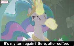 Size: 1920x1201 | Tagged: safe, derpibooru import, edit, edited screencap, screencap, princess celestia, alicorn, pony, comic:celestia's servant interview, a little incident, best princess, canterlot, caption, coffee mug, crown, cs captions, cute, cutelestia, descriptive noise, eyes closed, female, happy, image, interview, jewelry, levitation, magic, magic aura, mare, mug, png, regalia, solo, telekinesis, text, youtube link