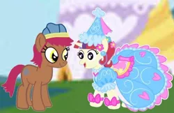 Size: 720x466 | Tagged: safe, artist:darlycatmake, derpibooru import, moondancer, oc, oc:cecilia lobbos, earth pony, pony, unicorn, beanie, canon x oc, clothes, dress, dressup, female, froufrou glittery lacy outfit, happy, hat, hennin, image, jpeg, knight, lesbian, looking at each other, looking at someone, love, princess, romance, romantic, shipping, shipping fuel, smiling, smiling at each other, when she smiles