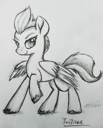 Size: 3120x3882 | Tagged: safe, artist:twiliset, derpibooru import, zipp storm, pegasus, pony, spoiler:g5, black and white, confident, cool, g5, grayscale, image, jpeg, monochrome, pencil drawing, simple background, smiling, traditional art