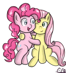 Size: 900x1000 | Tagged: safe, artist:freefraq, derpibooru import, fluttershy, pinkie pie, earth pony, pegasus, pony, duo, female, hug, image, one eye closed, open mouth, png, simple background, smiling, transparent background