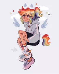 Size: 1080x1350 | Tagged: safe, artist:thwiprose, derpibooru import, rainbow dash, human, bandaid, blue background, clothes, female, hairclip, humanized, image, jacket, jpeg, ponytail, shoes, shorts, simple background, sitting, sky background, sneakers, socks, solo, sports shorts, wings