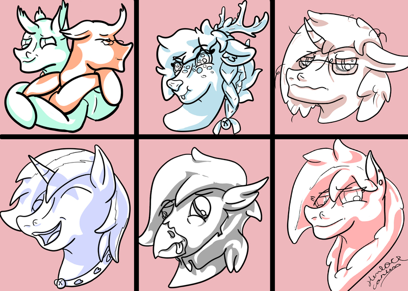 Size: 2100x1500 | Tagged: safe, artist:hemlock conium, derpibooru import, oc, oc:beetle, oc:coco, oc:lil'cinnamon, oc:movingtruck, oc:poland, oc:razor, oc:valra bellkeys, unofficial characters only, changedling, changeling, earth pony, hippogriff, unicorn, bell, bell collar, changeling oc, collar, digital art, earth pony oc, hippogriff oc, horn, image, jpeg, monochrome, practice, reindeer oc, simple background, unicorn oc