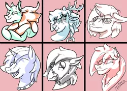 Size: 2100x1500 | Tagged: safe, artist:hemlock conium, derpibooru import, oc, oc:beetle, oc:coco, oc:lil'cinnamon, oc:movingtruck, oc:poland, oc:razor, oc:valra bellkeys, unofficial characters only, changedling, changeling, earth pony, hippogriff, unicorn, bell, bell collar, changeling oc, collar, digital art, earth pony oc, hippogriff oc, horn, image, jpeg, monochrome, practice, reindeer oc, simple background, unicorn oc