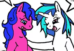 Size: 434x300 | Tagged: safe, artist:asuraludu, derpibooru import, edit, editor:pagiepoppie12345, melody, vinyl scratch, earth pony, pony, unicorn, cropped, dialogue, female, horn, image, jpeg, mare, one eye closed, open mouth, simple background, smiling, speech bubble, text, white background, wink