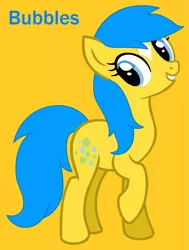 Size: 1219x1614 | Tagged: safe, artist:jigglewiggleinthepigglywiggle, derpibooru import, bubbles (g1), earth pony, pony, adorabubbles, blue eyes, blue hair, blue mane, blue tail, blue text, coat markings, cute, female, full body, g1, g1 to g4, g4, generation leap, image, mare, png, raised hoof, raised leg, simple background, tail, talking, text, yellow background