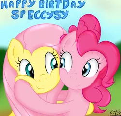 Size: 2000x1910 | Tagged: safe, artist:freefraq, derpibooru import, fluttershy, pinkie pie, earth pony, pegasus, pony, cute, duo, female, happy birthday, hug, image, looking at each other, looking at someone, png