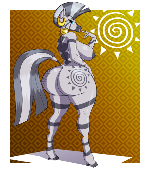 Size: 1772x2060 | Tagged: questionable, artist:joenobody, derpibooru import, zecora, anthro, unguligrade anthro, zebra, big breasts, both cutie marks, breasts, busty zecora, butt, ear piercing, earring, female, hooves, huge butt, image, jewelry, large butt, neck rings, nipple piercing, nipples, nudity, piercing, plot, png, simple background, solo, solo female, thighs, thunder thighs, zecorass