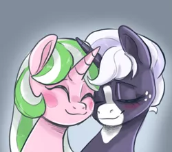 Size: 737x655 | Tagged: safe, artist:smirk, derpibooru import, oc, oc:lullaby, oc:zinnia, unofficial characters only, unicorn, blushing, colored sketch, couple, cute, duo, eyes closed, female, freckles, horn, image, lesbian, oc x oc, png, shipping, simple background, unicorn oc