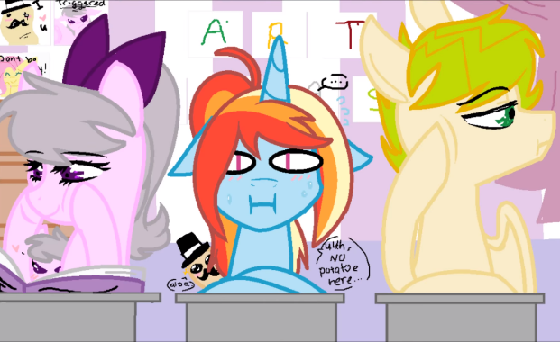 Size: 621x380 | Tagged: safe, artist:sirena-flitter, derpibooru import, fluttershy, oc, oc:artie brush, oc:flash art, oc:sweet tune, earth pony, pegasus, pony, unicorn, angry, art class, blushing, book, bow, classroom, colt, desk, dialogue, female, floppy ears, foal, food, frown, hair bow, hat, heart, horn, image, male, mare, multicolored hair, png, ponytail, potato, rainbow hair, smiling, speech bubble, stallion, sweat, table, text, top hat, unamused, wings