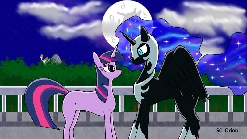 Size: 3840x2160 | Tagged: safe, artist:sc_orion, derpibooru import, nightmare moon, twilight sparkle, alicorn, unicorn, armor, balcony, canterlot, cloud, ethereal mane, everfree forest, fanfic art, female, image, implied princess celestia, lesbian, mare in the moon, missing cutie mark, moon, png, shipping, smiling, spread wings, twimoon, wings