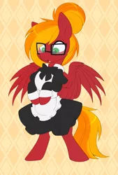 Size: 2019x2982 | Tagged: safe, artist:scarlet-spectrum, derpibooru import, oc, oc:moonatik, unofficial characters only, pegasus, pony, abstract background, apron, bowtie, clothes, commission, crossdressing, glasses, hair bun, image, maid, male, pegasus oc, png, solo, stallion, surprised, wings, ych result