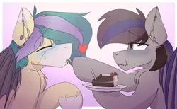 Size: 6964x4298 | Tagged: safe, artist:kirbirb, derpibooru import, oc, oc:icy breeze, oc:nightglider, unofficial characters only, bat pony, blushing, cake, feeding, food, heart, image, markings, png