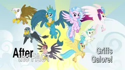 Size: 1280x720 | Tagged: safe, artist:mlp-silver-quill, derpibooru import, gabby, gallus, gilda, grampa gruff, princess skystar, queen novo, silverstream, terramar, gryphon, hippogriff, my little pony: the movie, after the fact, after the fact:griffs galore!, cute, diastreamies, gabbybetes, gallabetes, image, jewelry, necklace, png, text, title card