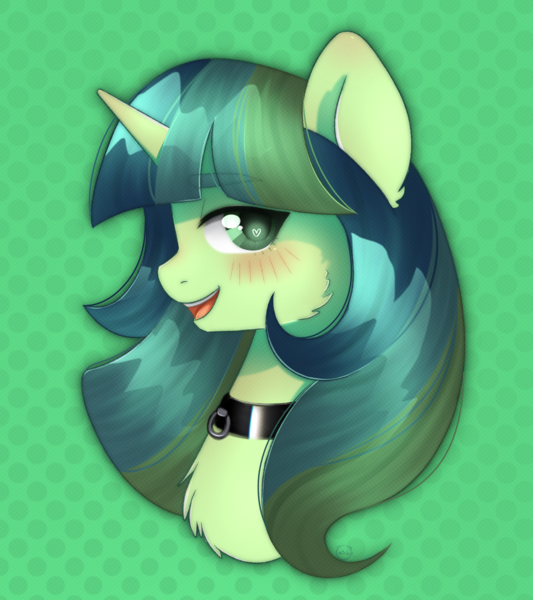 Size: 2315x2606 | Tagged: safe, artist:vaiola, derpibooru import, oc, oc:genebright sparkle, unofficial characters only, pony, unicorn, advertisement, auction, bdsm, big eyes, blushing, bust, collar, commission, cute, embarrassed, eyebrows, fetish, green background, happy, high res, horn, image, open mouth, pet play, png, portrait, sexy, simple background, smiling, solo, sticker, ych result, your character here