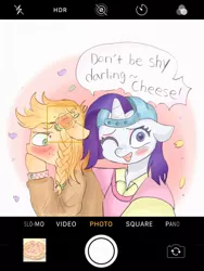 Size: 768x1024 | Tagged: safe, artist:reyam, derpibooru import, applejack, rarity, alternate hairstyle, blushing, braid, camera shot, clothes, disguise, duo, duo female, female, flower, flower in hair, food, image, jpeg, lesbian, looking at you, one eye closed, pie, plainity, profile, rarijack, selfie, shipping, wink, winking at you