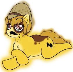 Size: 1686x1650 | Tagged: safe, artist:underwoodart, derpibooru import, oc, oc:cham-cham, earth pony, brown coat, brown eyes, brown mane, earth pony oc, eyebrows, eyebrows visible through hair, fake moustache, hat, image, lying down, monocle, multicolour coat, palindrome get, pith helmet, png, simple background, transparent background, yellow coat