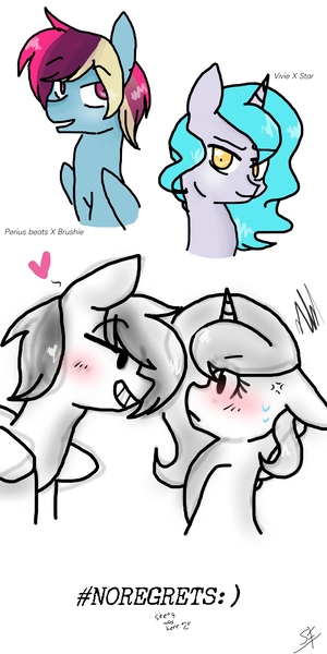 Size: 2000x4000 | Tagged: safe, artist:sirena-flitter, derpibooru import, oc, oc:artie brush, oc:perry notes, oc:star, oc:viv, unofficial characters only, pegasus, pony, unicorn, blushing, female, heart, horn, image, jpeg, mare, smiling, wings