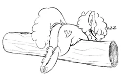Size: 764x469 | Tagged: safe, artist:seafooddinner, oc, oc:lichen, unofficial characters only, pony, taiga pony, butt, dock, eyes closed, female, image, log, mare, onomatopoeia, plot, png, raised tail, sketch, sleeping, solo, sound effects, tail, underhoof, zzz